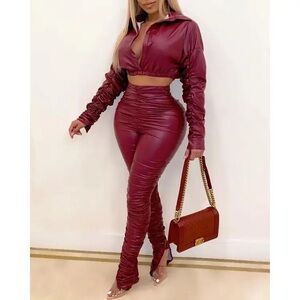 Chic Ruched PU Leather Two-Piece Set – Cropped Zip Top & High-Waist Pants (S-L)